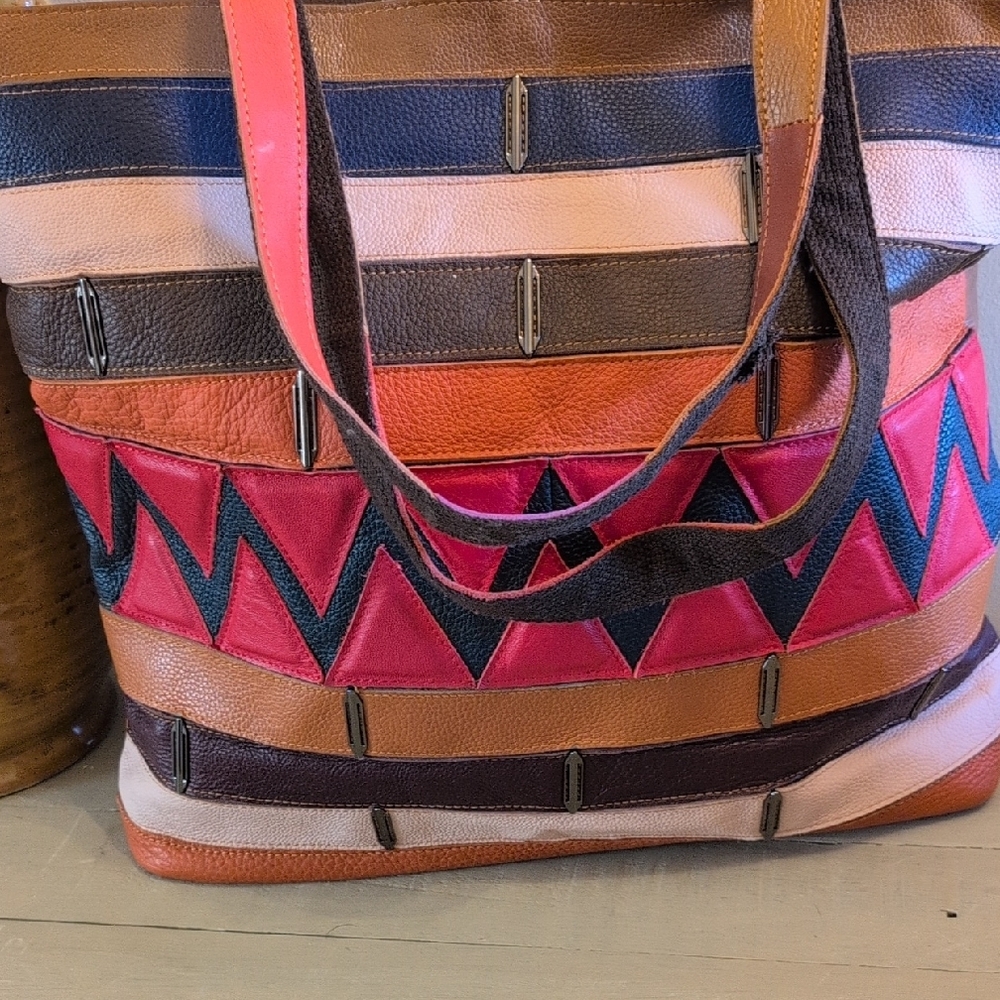 Brown and Pink Striped Leather Tote Bag